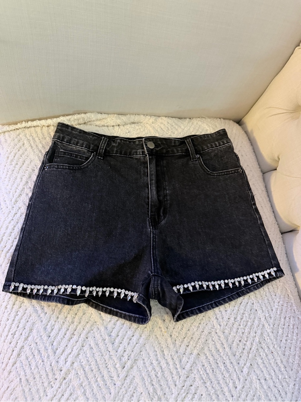 Black Denim Jean Shorts with Beaded Trim